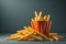 Appetizing french fries on the wooden table, close-up