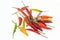 Appetizing fresh chili peppers mini pods green, red on a white background