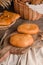 Appetizing fresh culinary pastry - pies with different fillings on a wooden