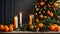 Appetizing fresh tangerines, candles, celebration winter Christmas tree branch orange food green december