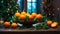 Appetizing fresh tangerines, candles, decorative winter Christmas tree branch orange food green december