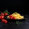 Appetizing fresh tasty omelet with tomatoes, isolated on black background close-up, great breakfast dish,