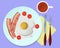 Appetizing fried eggs with fried bacon, cherry tomatoes and herbs. Fragrant tea.