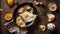 Appetizing fried eggs in a frying pan in the kitchen healthy food