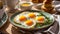 Appetizing fried eggs in a plate in the kitchen breakfast