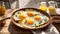 Appetizing fried eggs in a plate in the kitchen breakfast healthy