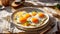 Appetizing fried eggs in a plate in the kitchen breakfast healthy food