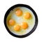 Appetizing fried several eggs in a cast-iron frying pan isolated