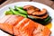 Appetizing grilled salmon steak with vegetables.Tasty dish.Digital creative