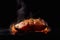 Appetizing grilled salmon steaks. Dark background, steam. Generative AI