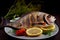 Appetizing Grilled Sea Bream on a Plate with Lemon and Greens. AI Generated