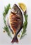 Appetizing Grilled Sea Bream on a Plate with Lemon and Greens. AI Generated