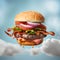 An appetizing hamburger soars in the sky. Generative AI