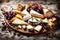 An appetizing image of a gourmet cheese platter with a variety of artisanal cheeses, grapes, and crusty bread