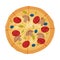 Appetizing Italian Pizza as Round Hot Dough Topped with Salami and Mushroom Above View Vector Illustration