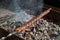 Appetizing lula kebab grilled on metal skewer