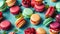 Appetizing macaroon cookies colorful strawberries, blueberries, mint leaves sweet cuisine