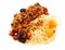 Appetizing pasta with vegetables grilled meat and baked egg yolk