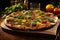 appetizing pizza with stretchy cheese, tomatoes, and basil on wooden background