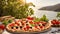 Appetizing pizza with tomatoes, olives, basil the seashore mediterranean food