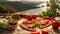 Appetizing pizza with tomatoes, olives, dinner baked seashore mediterranean food product