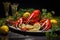 An appetizing plate filled with mouth-watering lobsters adorned with sliced lemons and fragrant herbs, A lobster red on a silver