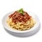 Appetizing plate of spaghetti Bolognese. White isolated.