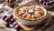 Appetizing plum pie on old background biscuit decorated dinner cooking