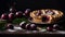 Appetizing plum pie on old background biscuit decorated dinner kitchen