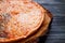 Appetizing quattro formaggi cheese pizza on wood, close up, sele