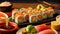 Appetizing rolls Japanese style sushi avocado healthy closeup restaurant food cuisine seaweed