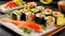 Appetizing rolls Japanese style sushi sauce healthy closeup restaurant food cuisine seaweed