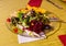 Appetizing salad of beets, mango, pears, asparagus and other vegetables and fruits