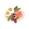 Appetizing salad from fresh vegetables, boiled egg and ham. Food theme. Flat vector icon with texture