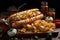 Appetizing scene: juicy hot dogs and golden potatoes., generative IA