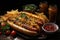 Appetizing scene: juicy hot dogs and golden potatoes., generative IA