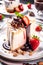Appetizing slice cheese cake with almond, fresh strawberry and chocolate sauce as the topping, fruit, food, delicious, realistic