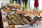 Appetizing snacks on the buffet table at the event. Close-up