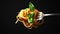 Appetizing spaghetti rolled on fork with basil. Delicious pasta restaurant concept. Black background. Generative AI