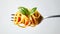 Appetizing spaghetti rolled on fork with basil. Delicious pasta restaurant concept. Light background. Generative AI