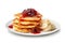 Appetizing stack of fluffy pancakes covered with luscious cranberry sauce, beautifully presented on a white plate