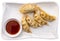 Appetizing steamed dumplings gyoza with soy dipping sauce