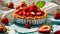 Appetizing strawberry pie, fresh berries on old background