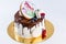 Appetizing sweet dessert. Glaze cake with marshmallows, berries