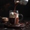 Appetizing sweet hot chocolate with cream in a glass, tasty treat, confectionery product, close-up on black,