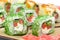 Appetizing tasty Japan rolls close-up. horizontal photo.