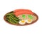 Appetizing Thai Food of Rice with Salmon Slices and Green Beans Served on Ceramic Plate Side View Vector Illustration