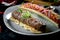 Appetizing Turkish lamb lula kebab with tomato tartare and red sauce, served in a gray plate. Dark marble background. Barbecue