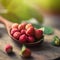 Appetizing wild strawberry in a wooden spoon on the table. Berry in the morning light, a healthy breakfast. Diet Concept