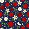 Apple, apple slices, and flowers, flat desgin illustration, over dark blue background seamless pattern.